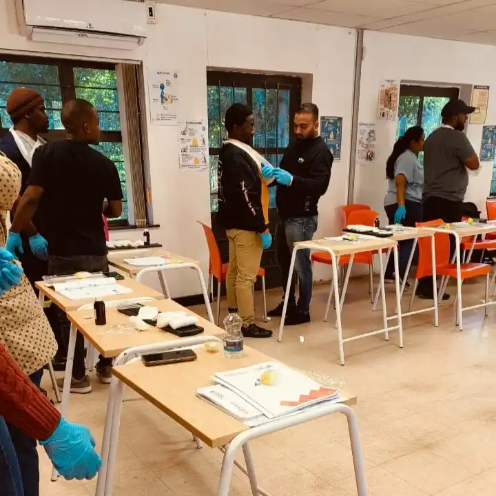 Accredited First Aid Level 1 training course at FTS Safety with learners practising CPR during practical workplace emergency response training in South Africa