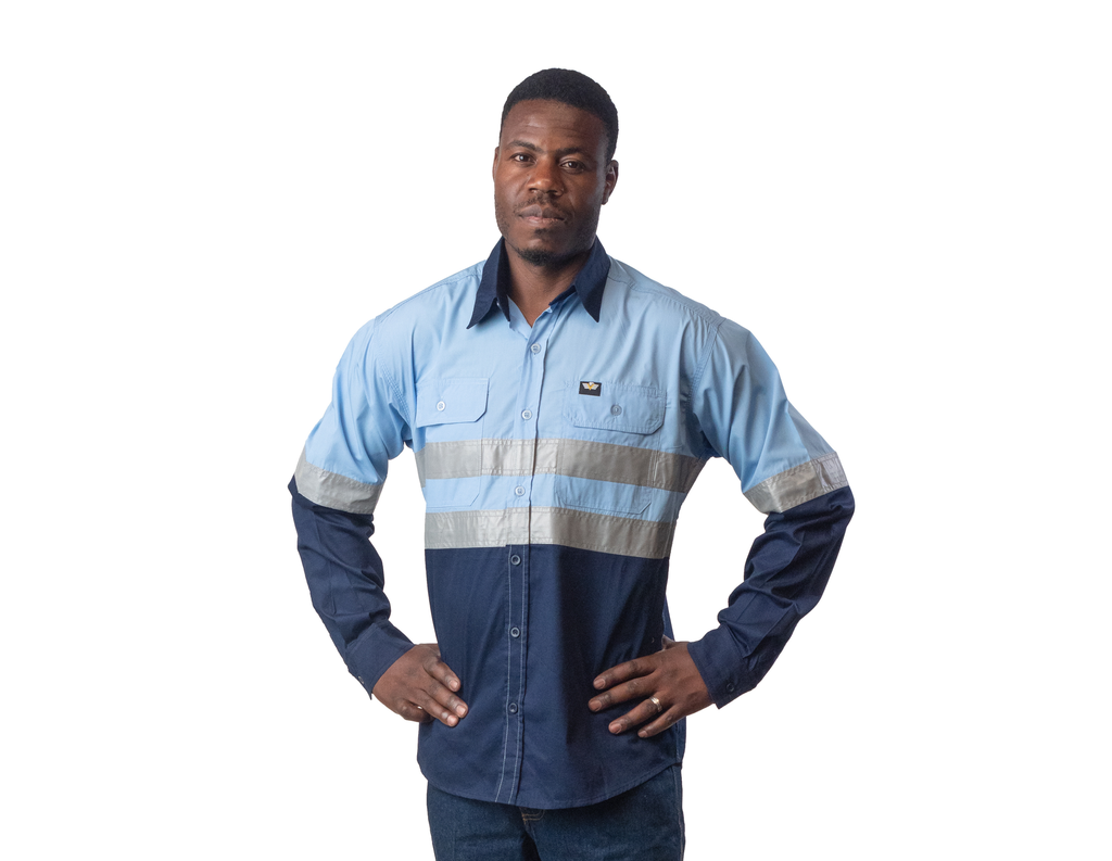 Vulcan Premium Hi viz Mining L/S Shirt Vented-Sky Blu/Nvy