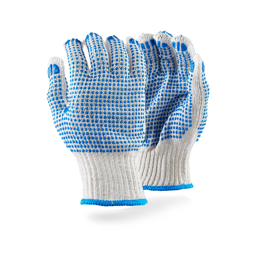 Dromex 7gg Machine Knitted (crochet) 750gpd with Blue PVC Double Dotted Seamless Gloves
